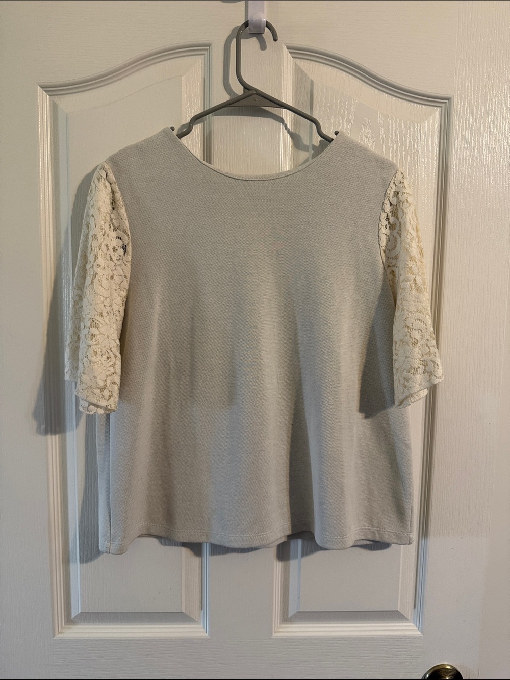 LOFT Cream Knit Top with Lace Elbow Sleeves